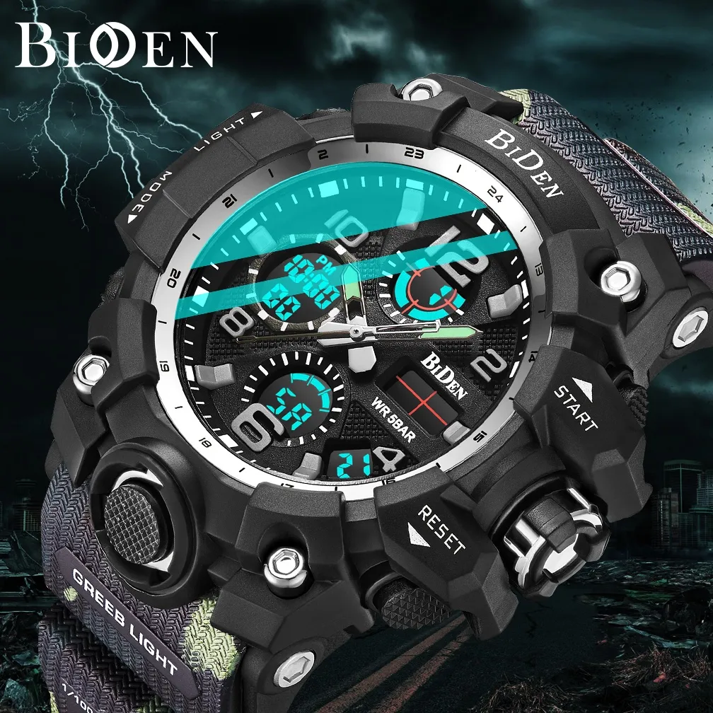 BIDEN Jam Tangan Pria Digital&Analog Anti Air Olahraga Alarm Bercahaya Tali Silikon Jam Tangan Cowok Original