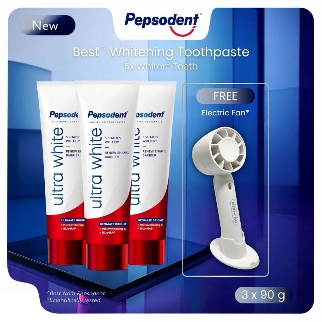 Buy 3 Pepsodent Ultra White Ultimate Bright 90g FREE Electric Fan