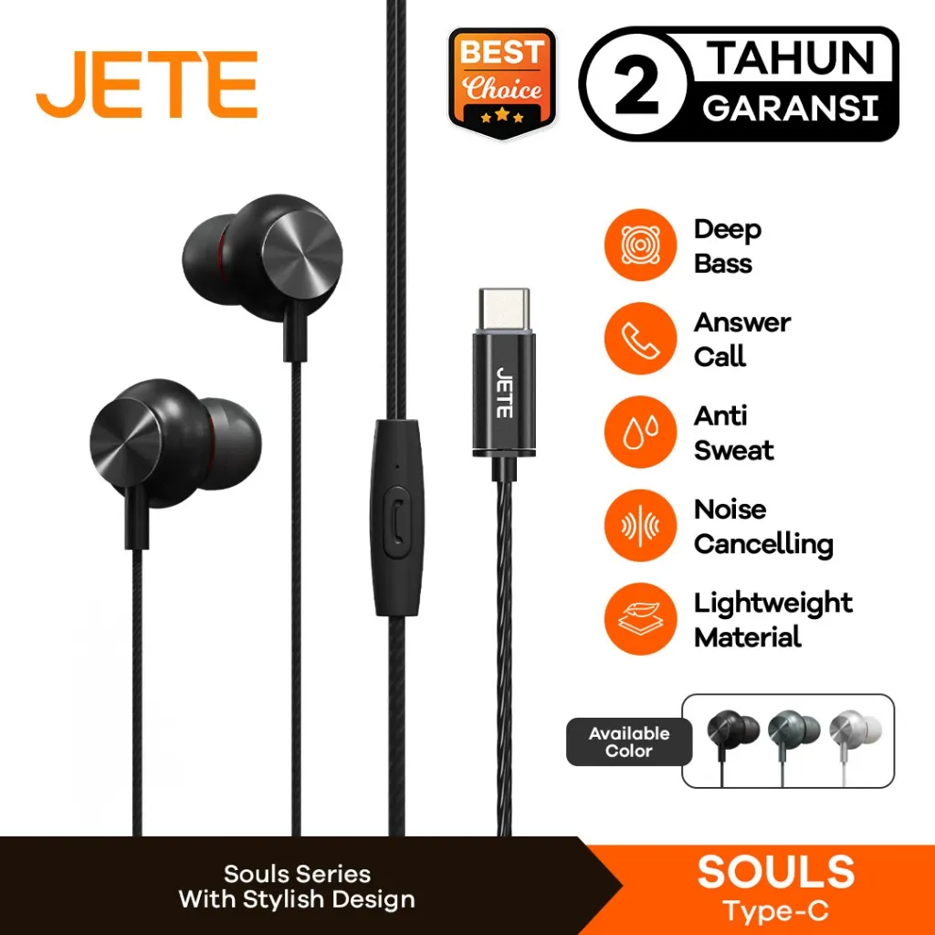 JETE Headset Kabel Type C SOULS Wired Earphone Microphone Bass Stereo Handsfree With Volume Control