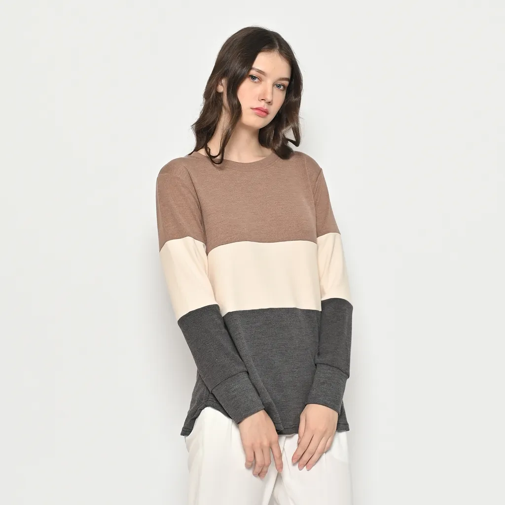 QUEENTIN Kaos Multi Colour Wanita 0403 Stretch Snowy Rib Knit Polos Kombinasi Lengan Panjang