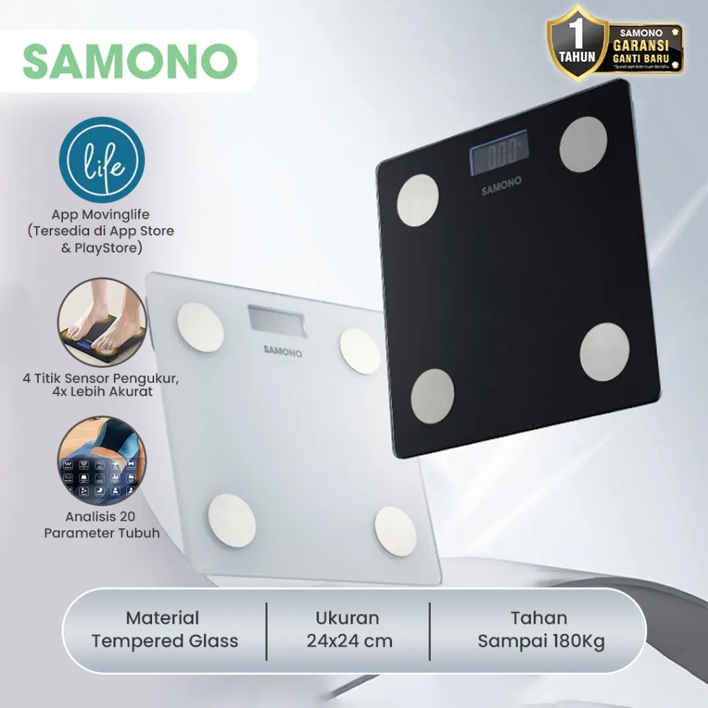SAMONO Timbangan Badan Digital Pintar Smart Body Fat Scale Bluetooth 20 Parameter BMI Masa Otot Protein Kadar Air Presisi Tinggi 180kg Garansi 1 Tahun Ganti Baru Aplikasi MovingLife LED Display Timbangan Lantai Kamar Mandi Hitam Putih Original SW-BS04