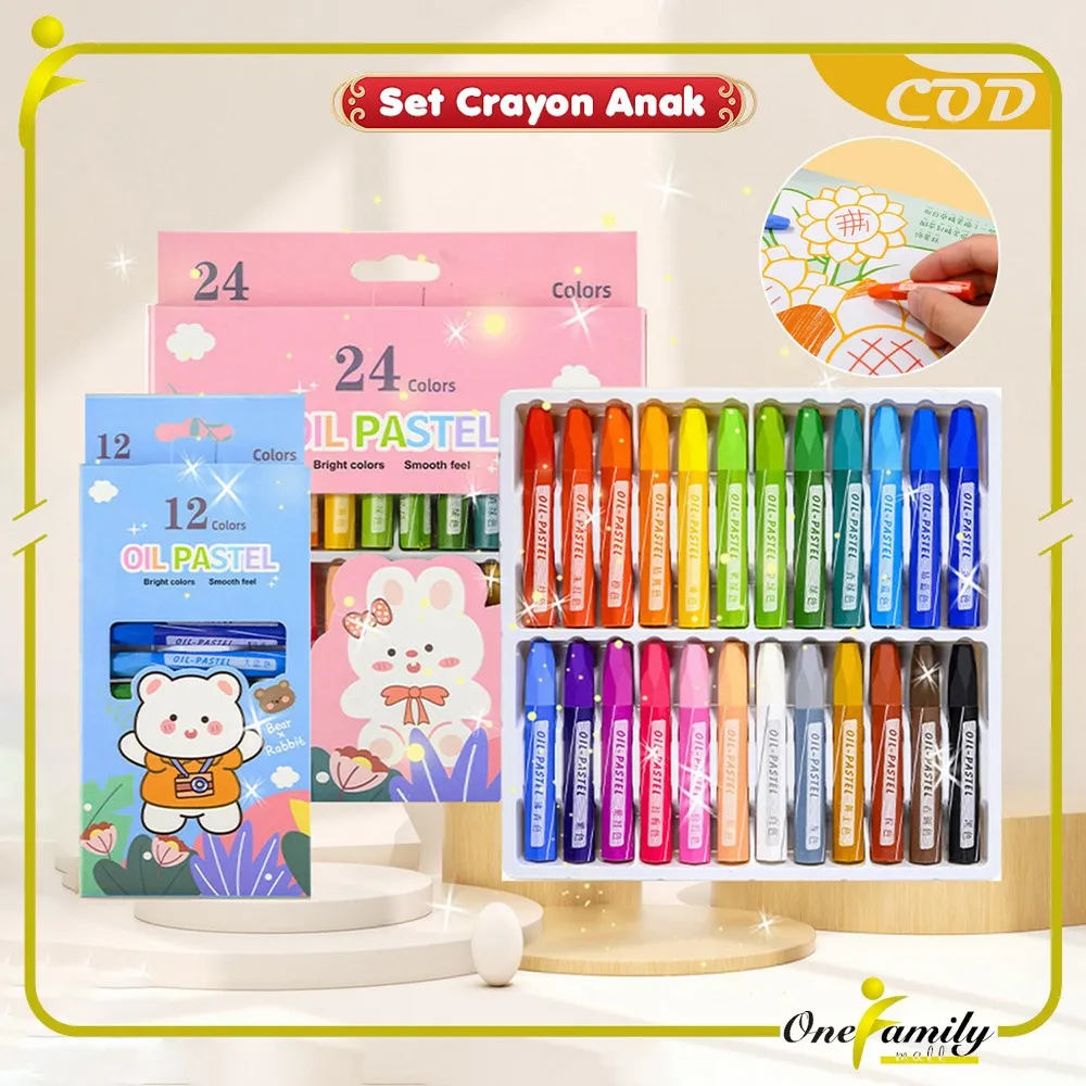 ONE-A99 Crayon Oil Pastel Isi 12 dan 24 Warna Motif Kartun Perlengkapan Mewarnai Anak / Set Krayon Pigmentasi Tinggi Aman Untuk Anak