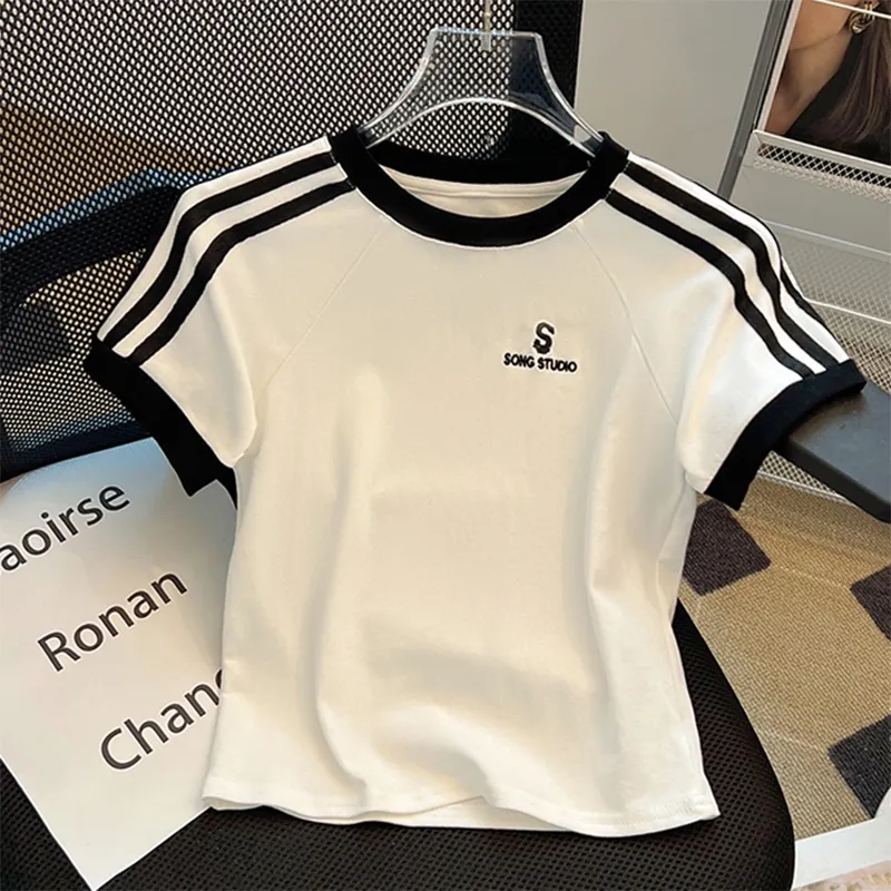 Kaus Leher Bulat Sambungan Bergaris Raglan Gaya Amerika Atasan Seksi Fashion Wanita Gaya Korea