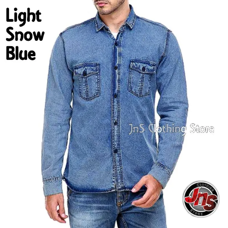 Baju Kemeja Hem Denim Jeans Pria Lengan PANJANG Premium Distro Casual Shirt Snow Atasan Polos - JnS