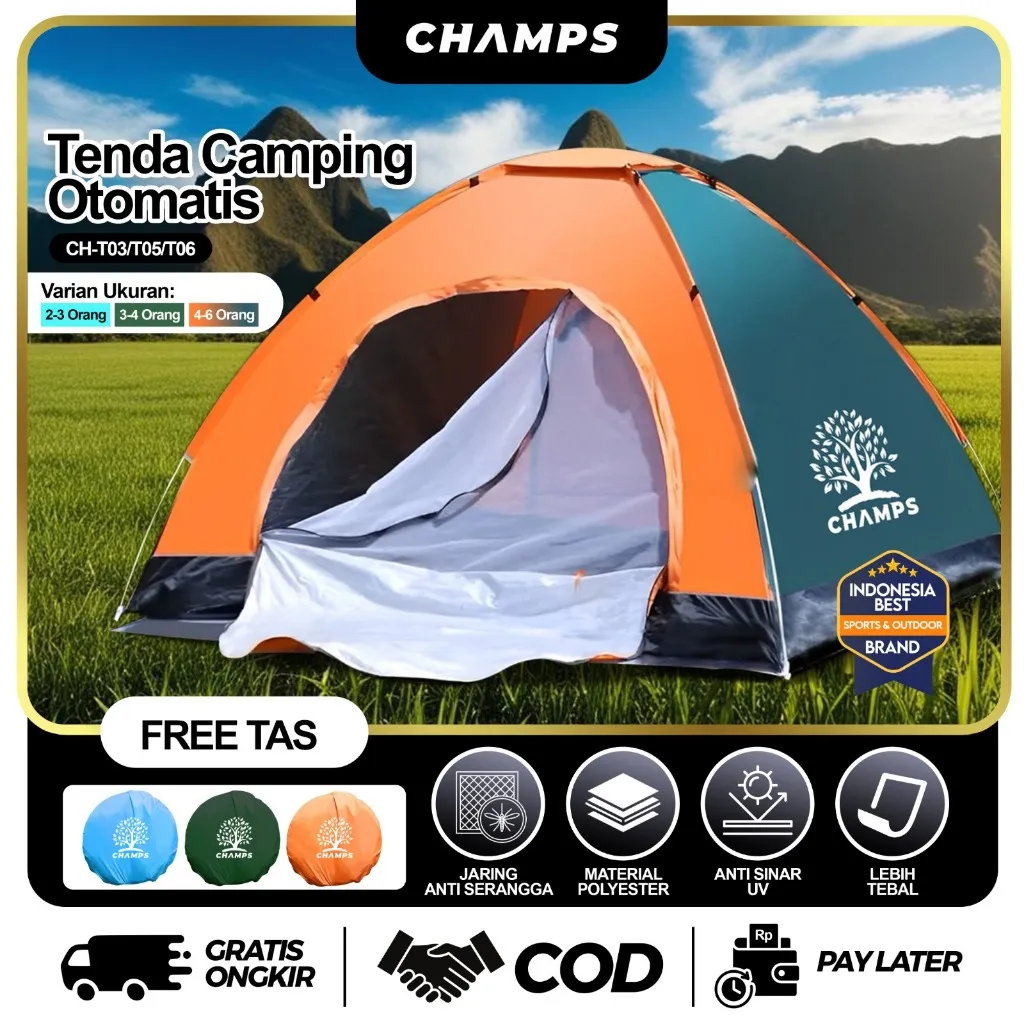 CHAMPS Tenda Camping Otomatis 2–4 Orang Anti Air – Tenda Lipat Praktis + Tas, Cocok untuk Outdoor & Hiking