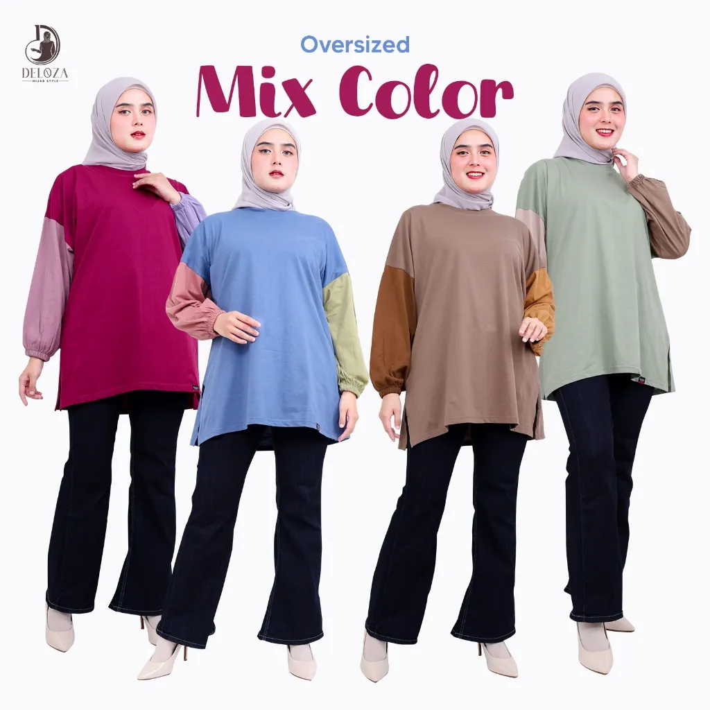 Mix Color Kaos Oversize Wanita Jumbo Lengan Panjang Balon Cotton Combad Kombinasi 3 Warna By Deloza