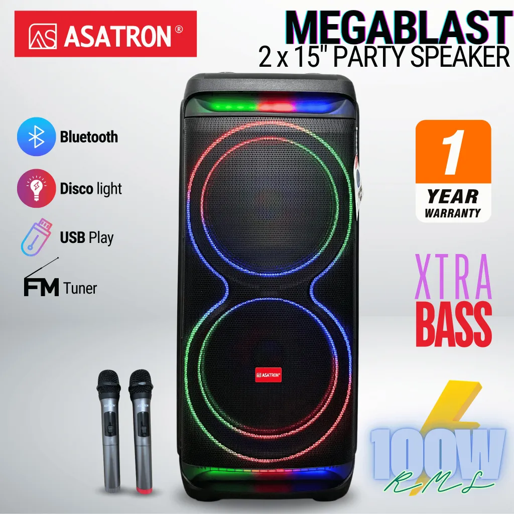 Asatron Megablast Dual 15 Inch Bluetooth Party Speaker with 2 Wireless Mic