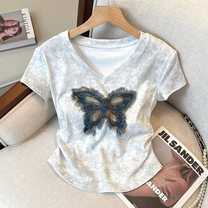 Kaus Lengan Pendek Leher V Bordir Kupu-kupu Tie-Dye Bodysuit Elastis