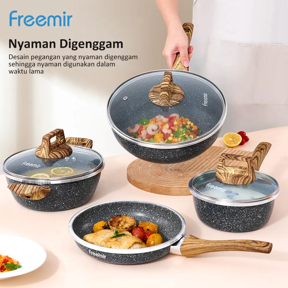 [BEST DEALS] freemir Set 4 Pcs Wajan Panci Set 7 Pcs 26/20/20/16 cm Granite Anti Lengket Tutup Kaca