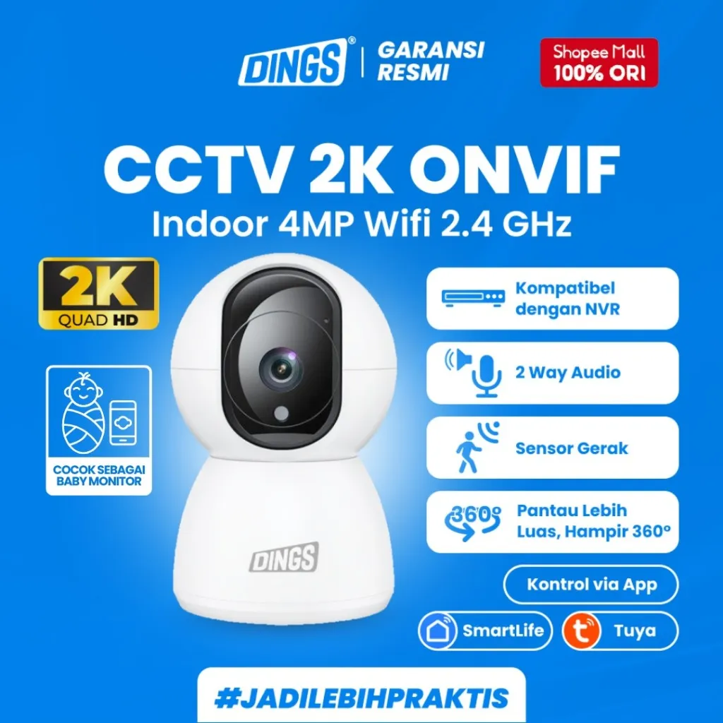 DINGS CCTV WiFi 2K Indoor Smart IP Camera PTZ 360 - Support NVR ONVIF MicroSD - IP Cam Home Security IoT