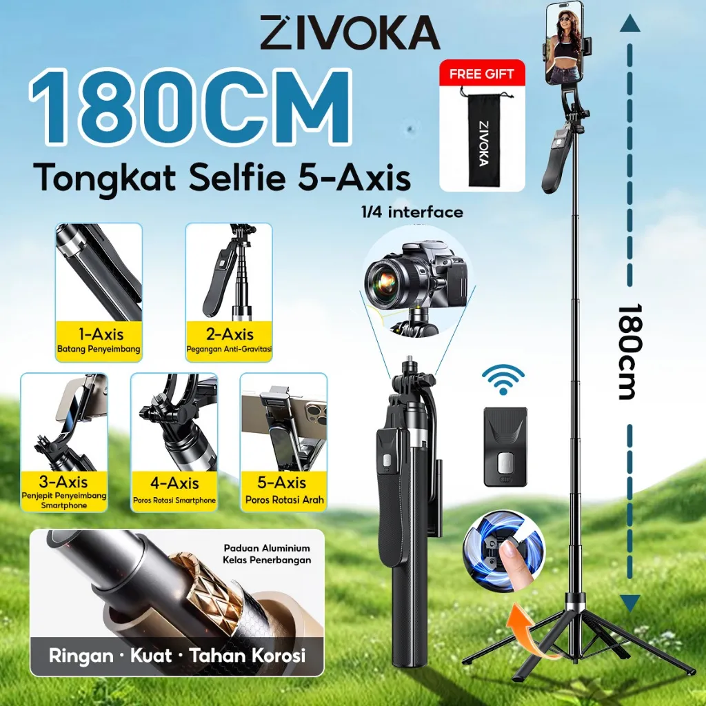ZIVOKA ZT08 Tongkat Swafoto Paduan Aluminium Tripod dengan Bluetooth 1,8m Lampu Isi Kuadran Remote Control Tongkat Swafoto Ponsel Tongkat Swafoto Bluetooth 4-in-1 Gimbal Tongkat Swafoto Kamera Ponsel Lampu Isi Persegi