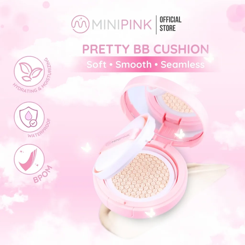 MINIPINK Pretty BB Cushion Makeup Base Wajah Full Coverage Natural & Flawless Finish Lasting MP031