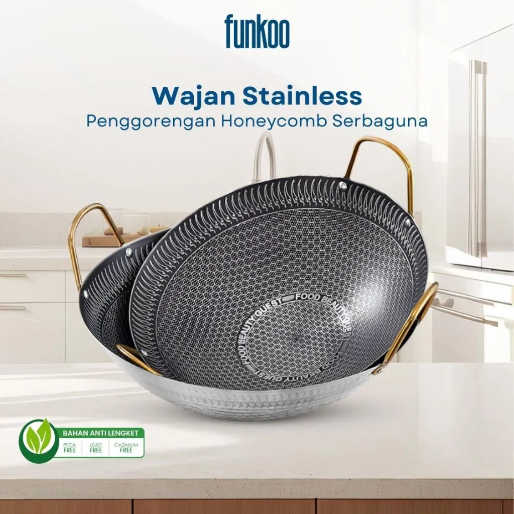Funkoo Wajan Stainless Anti Lengket Wajan Stainless Premium 3 Ukuran Kuali Stainless Serbaguna