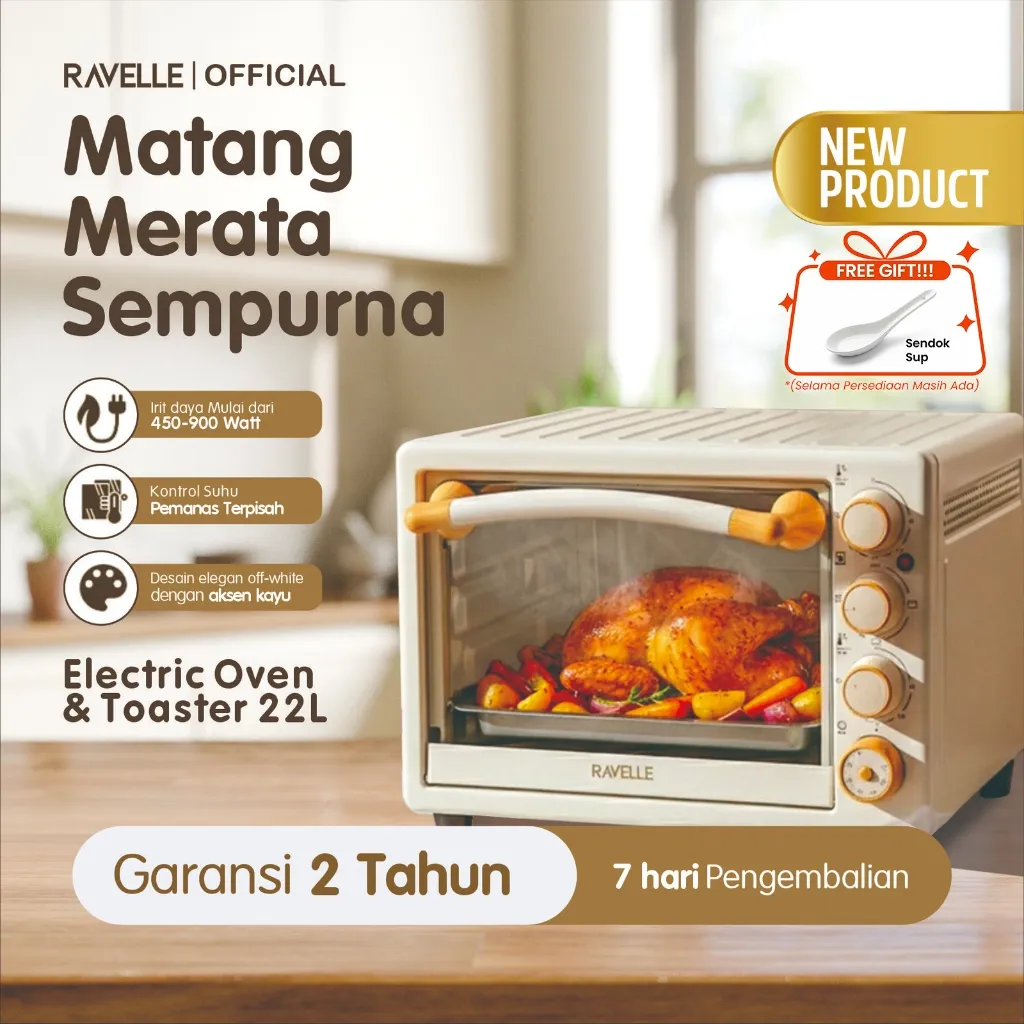Ravelle Oven Listrik 22L Elevee Low Watt 400-800W Suhu 230°C Api Atas Bawah Terpisah 4 Knob Offwhite Wood REO-22