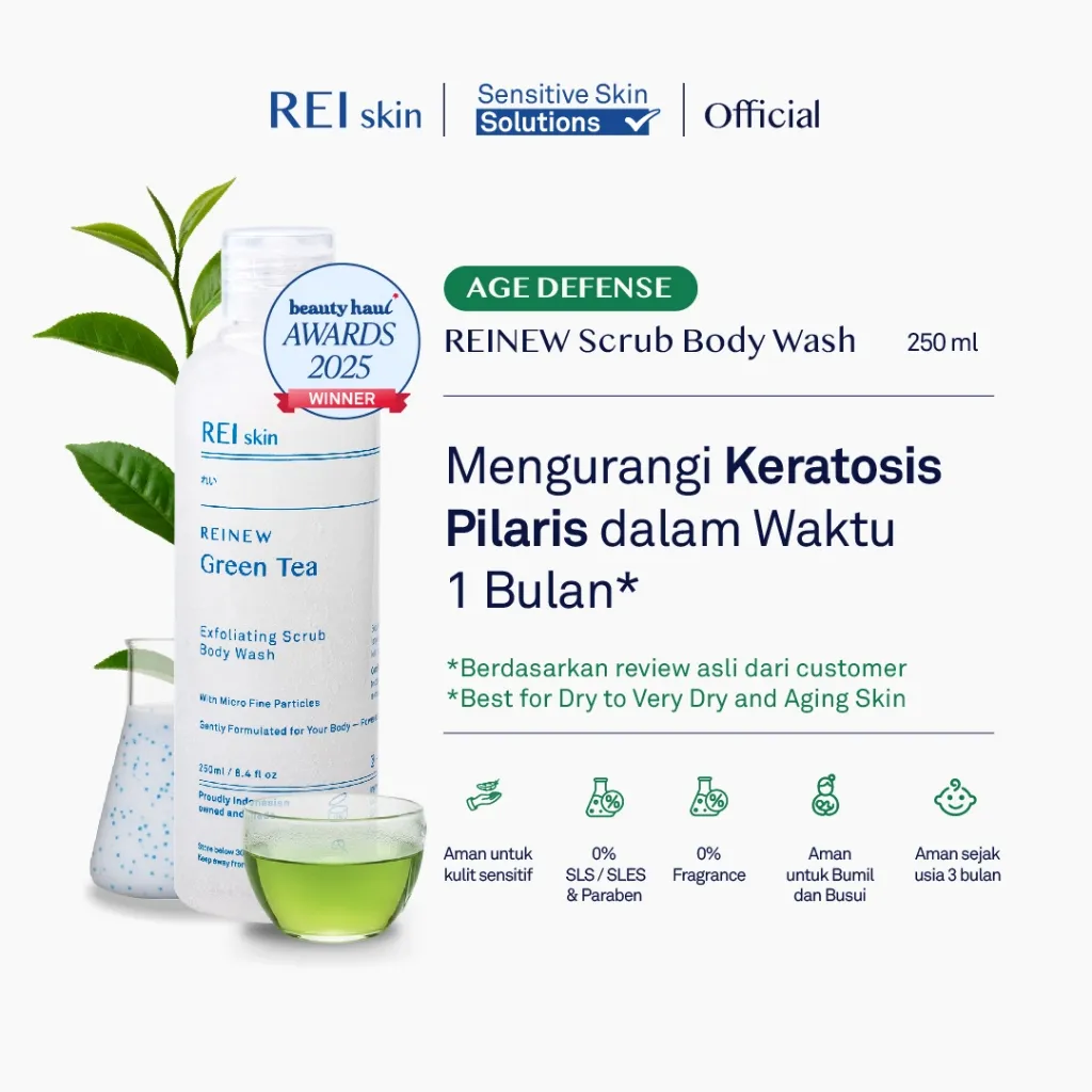 REI Skin REINEW Green Tea Exfoliating Scrub Body Wash 250 ml | Menyamarkan Keratosis Pilaris | Mencerahkan Kulit | Menghaluskan Kulit Kasar | 2-in-1 Scrub dan Sabun Mandi Cair