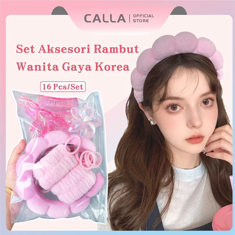 Calla Paket Lengkap Headband Cuci Muka Korea 16Pcs/ Jumbo Fluffy Empuk Polos Head Band/Berbagai Macam Jepit Rambut/Aksesori Rambut Mode