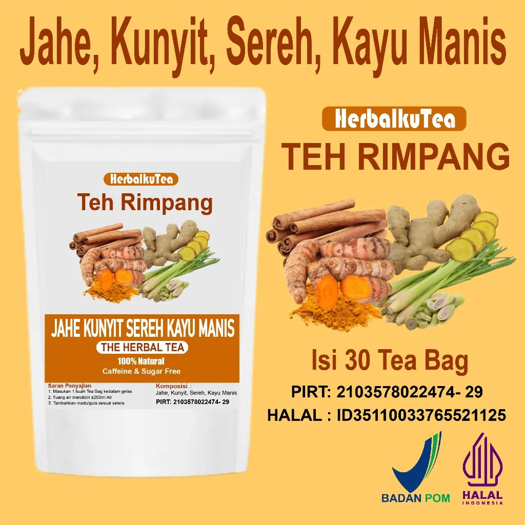 TEH RIMPANG JAHE, KUNYIT, KAYU MANIS, SEREH / GINGER, TURMERIC, CINNAMON & LEMONGRASS TEA - HerbalkuTea