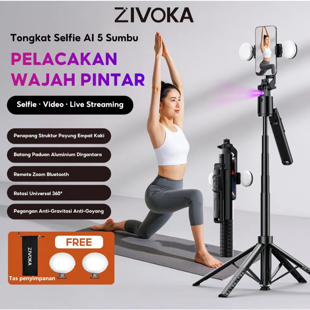 ZIVOKA ZG01 Tongkat Selfie Tripod Pelacak Wajah Otomatis 1,8m Gimbal Stabilizer Ponsel 360° Dudukan Empat Kaki dengan Lampu LED Ganda Tripod Pelacak Wajah Otomatis