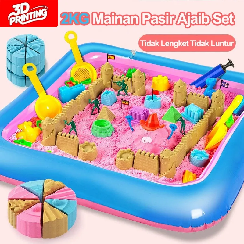 Mainan Pasir Ajaib 2Kg Cetakan Kreatif Anak DIY Tanah Liat Plastisin Magic Sand Ada Cetakan Kolam Pasir Set Lengkap Mainan Anak Laki-laki Dan Perempuan