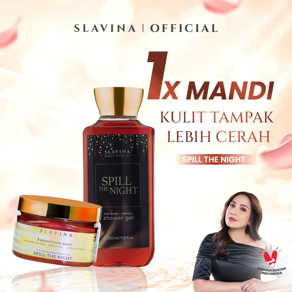 SLAVINA Bundle 2IN1 Spill The Night (Body Scrub + Shower Gel) by Nagita Slavina – Sabun Mandi Cair Whitening, Lulur Badan Mencerahkan dan Memutihkan Badan, Lembut Melembabkan, Body Care Harian Wangi Parfum Tahan Lama