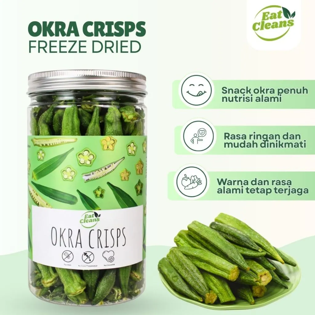 EAT CLEANS Keripik Okra Premium Vegan Freeze Dried Keripik Sayur Okra Krispi Cemilan Diet Okra Crisps