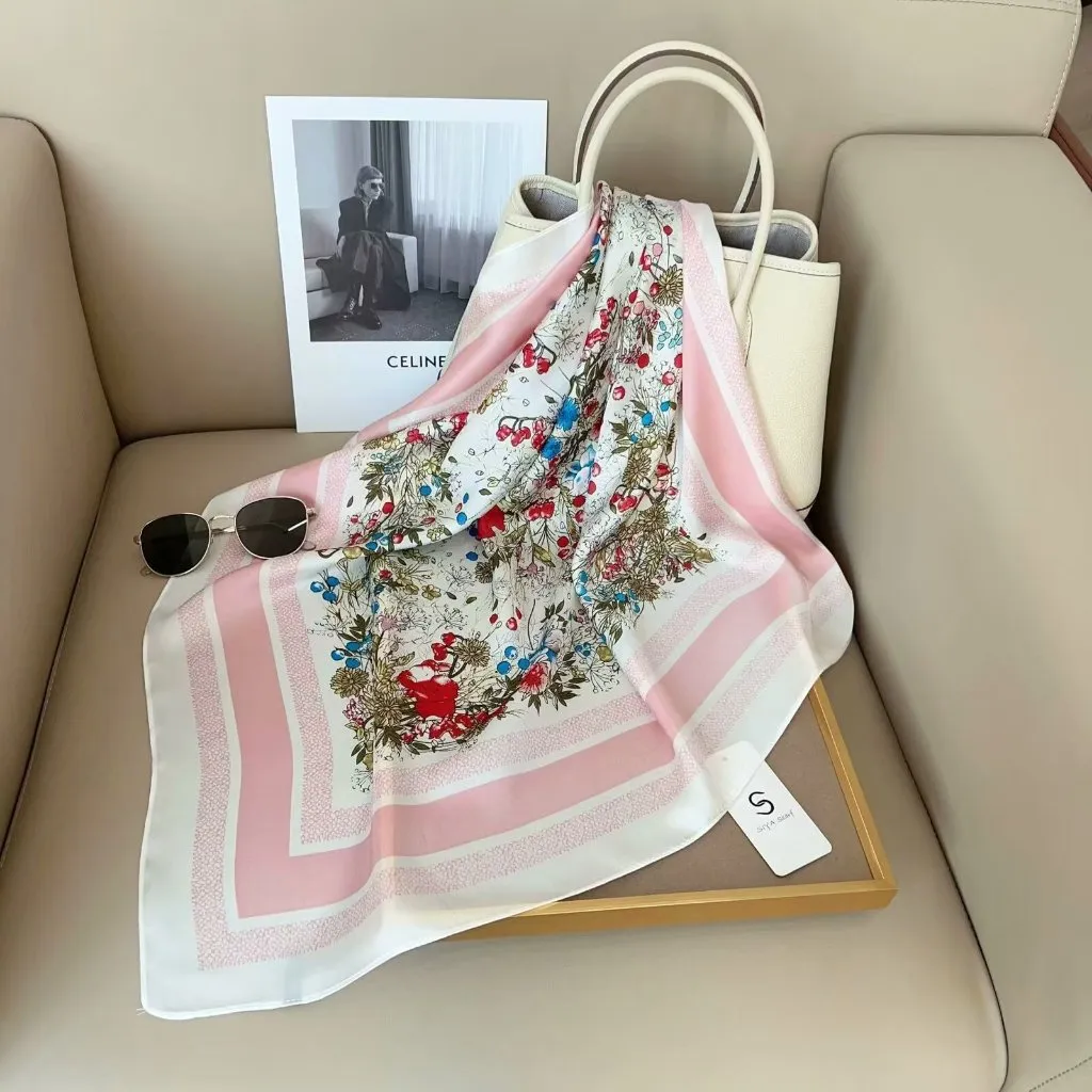 Premium Bunga Silk Scarf Soft Bernapas Syal Leher Wanita 70x70 French Fashion Sun Screen Jilbab Segiempat Cetakan Bunga Berwarna-Warni Elegan Serbaguna Scraft Wanita Selendang