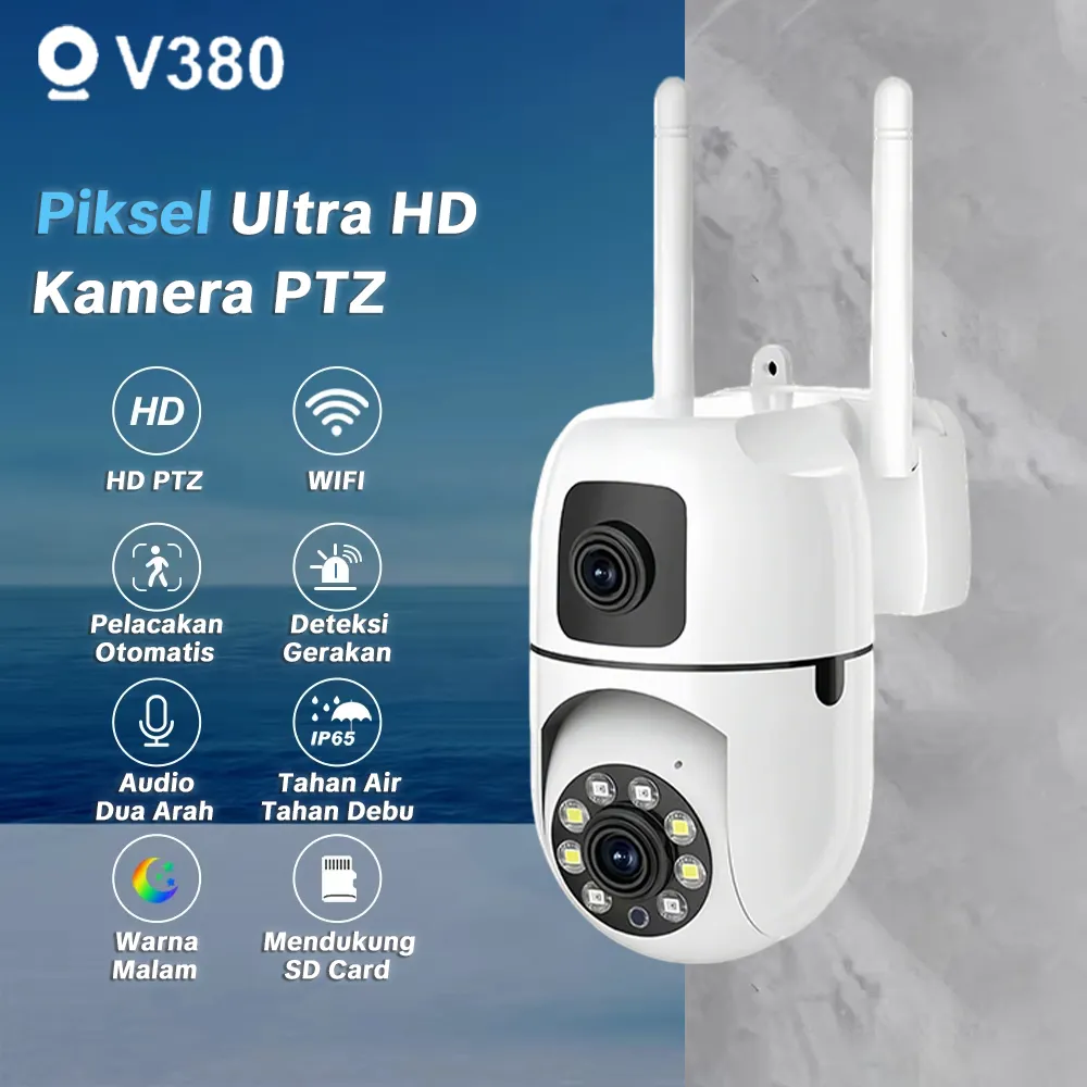 V380 Pro CCTV 2 Lensa Tahan Air IP65 Penglihatan Malam Pelacakan Manusia Dengan AI Suara Dua Arah