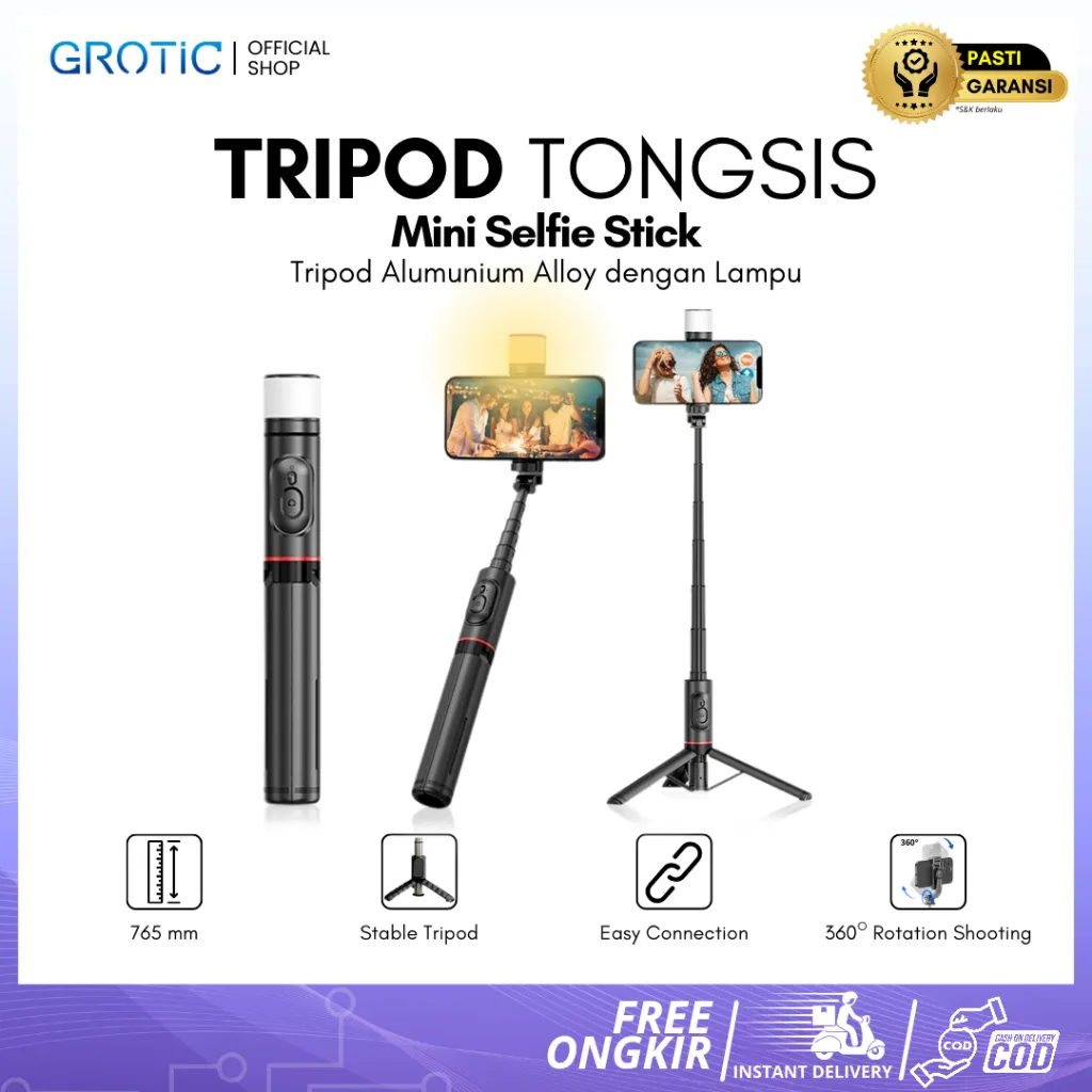 GROTIC Tripod Mini Fill Light Remote Bluetooth 765mm Tongsis HP Selfie Stick Holder Q12s