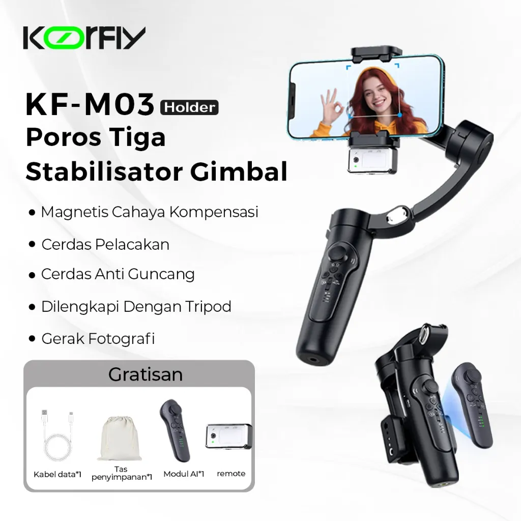 NEW Modul AI- KF-M03 Gimbal Stabilizer 3 Axis hp Smartphone with Magnetic Modul AI LED Fill Light(3 Warna) Handheld Gimbal Face Tracking Auto-Inception Tripod Magnetic Remote Control