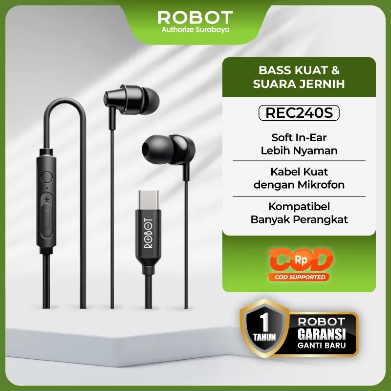ROBOT Earphone In-Ear Wired 3.5mm / Headset Kabel Super Bass HiFi Audio 14mm Composite Driver Treble Jernih Nyaman Dipakai Mic Universal REC240S