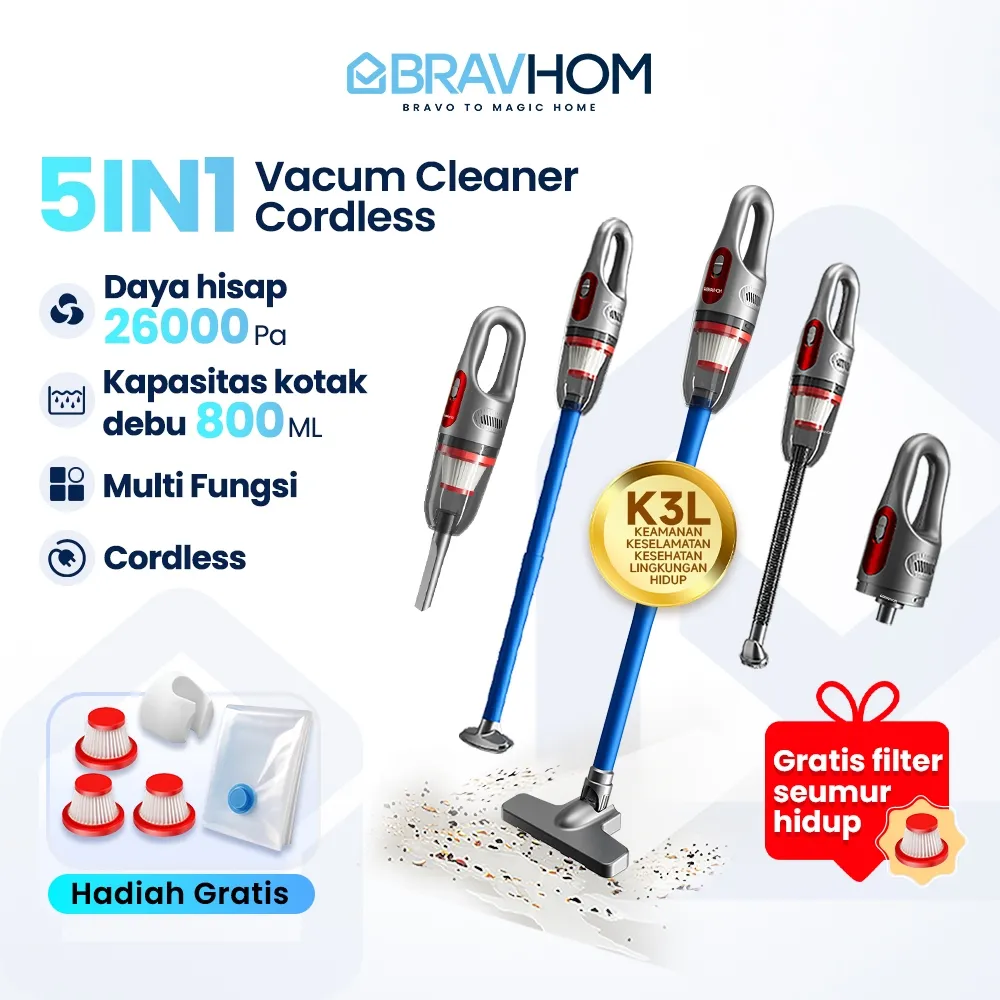 BRAVHOM Vacum Cleaner Penyedot Debu Rumah 26000Pa Vacuum Cleaner Mobil Cordless BC-VC97plus