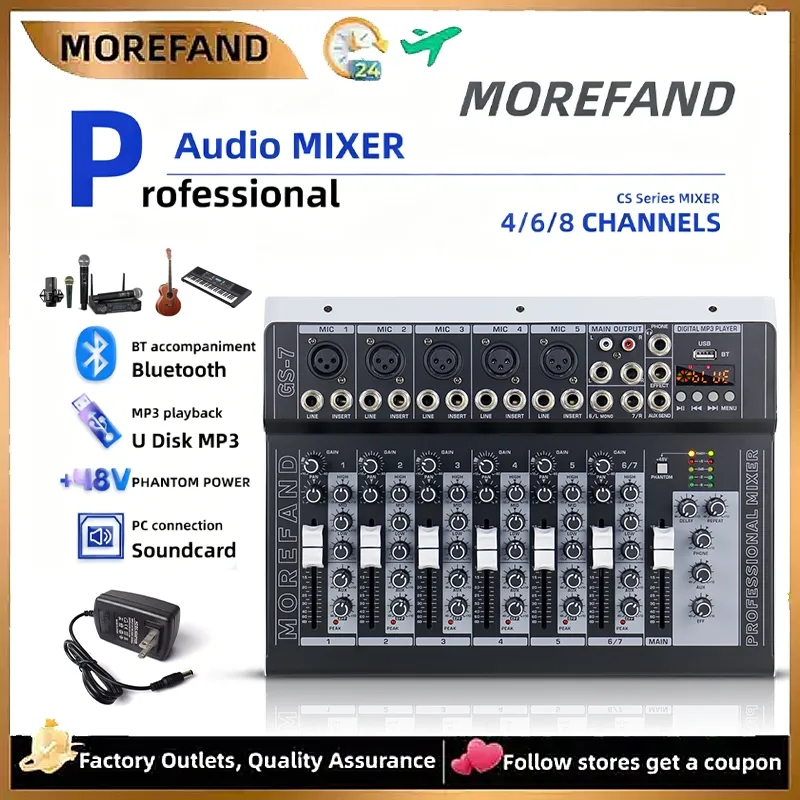 GS-4/GS7 profesional Mixer Audio- 4/7 saluran Bluetooth/USB/PC/MP3 Daya Fiktif 48V, Semua Antarmuka Lengkap Output Multi-Interface | Dilengkapi Efek DSP, Kompatibel dengan Power Amplifier | Mixer Tahap Performa, Sambungan Langsung XLR ke Speaker + Bluet