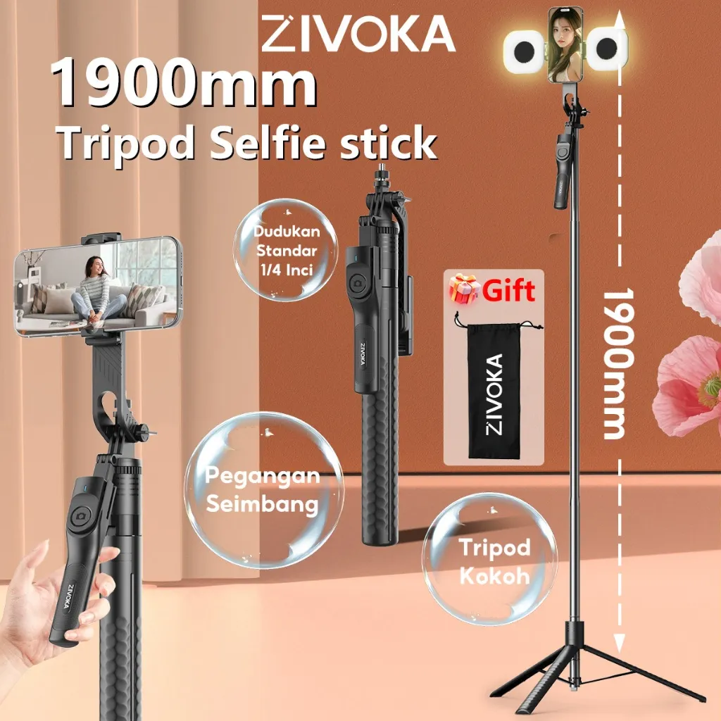ZIVOKA ZT05 Selfie Stick Tripod 1.9m Tongsis Aviation Alloy Bluetooth Remote Control Tripod with Fill Light