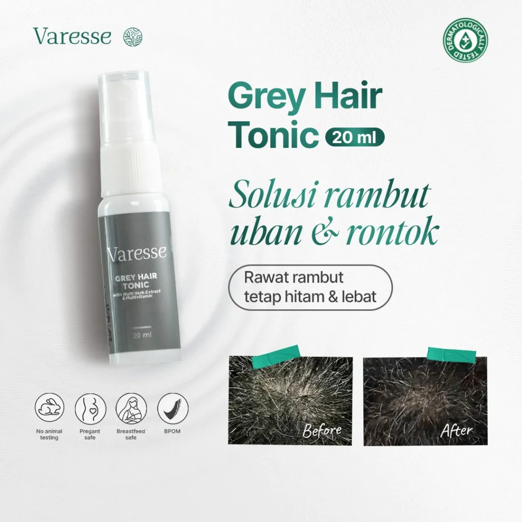 Varesse Grey Hair Tonic 20 ml - Menghitamkan Rambut Uban, Mempercepat Pertumbuhan Rambut, Mengurangi Kerontokan