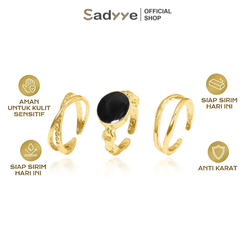 Sadyye 3PCS/Set Cincin Retro Tiga-dalam-satu Aksesori Cincin Wanita yang Dapat Disesuaikan Aksesori