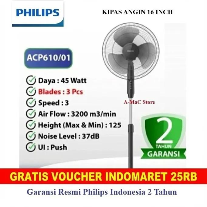 Philips Kipas Angin Berdiri ACP-610/01 3 Blade 45 Watt Stand Fan ACP610 Hitam 16 inch