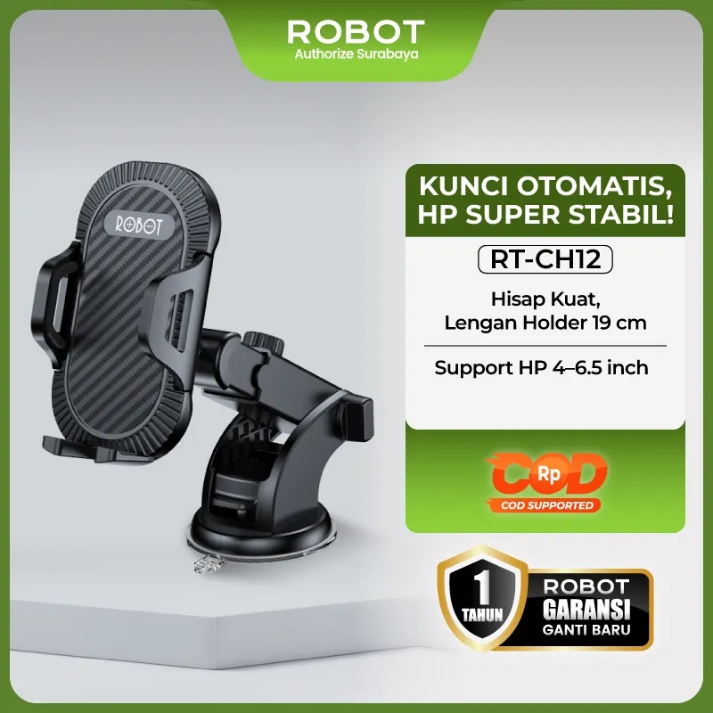 ROBOT Car Holder HP Mobil Auto Lock Suction Cup Kuat Anti Goyang Triangle Mechanics Stabil Lengan Panjang 19cm 360 Rotation Dashboard Kaca Support HP 4 sampai 6.5 Inch Holder Mobil Kokoh Aman RT-CH12