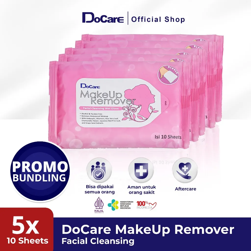 [Promo Bundling 5 Pack] - DoCare Makeup Remover Facial Cleansing WetGlove 10pcs/Tissue Pembersih Makeup/FaceCleanser Antiseptik/Pembersih Wajah