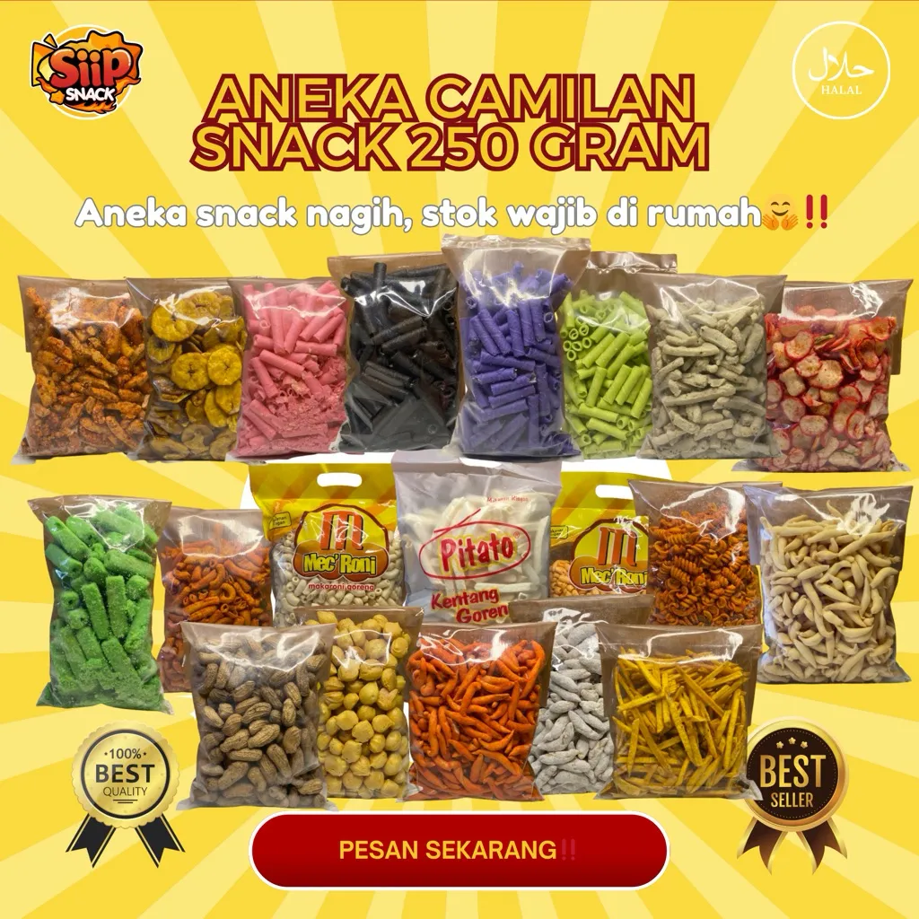 Aneka Camilan Snack 250gr — Makaroni, Basreng, Seblak mix, Pilus, Usus Crispy, Kacang, Cemilan Pedas & Manis