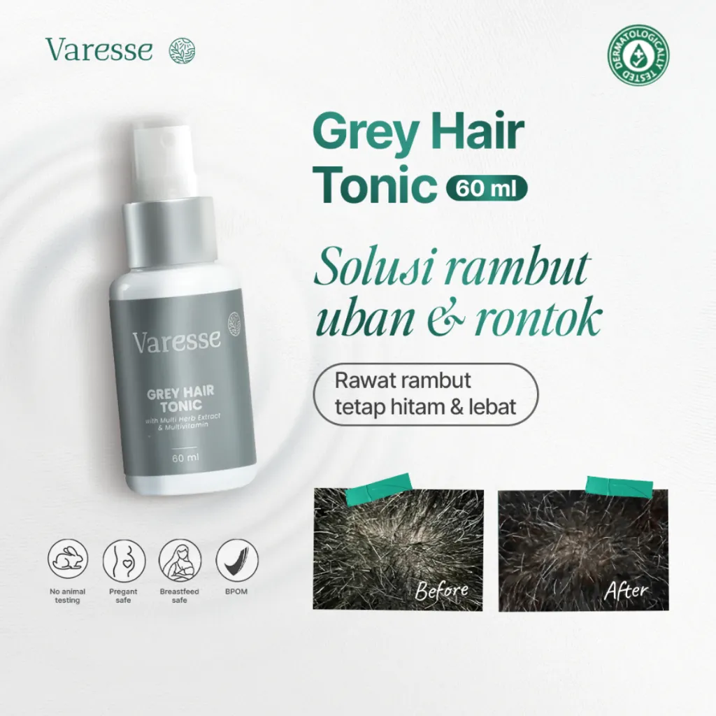 Varesse Grey Hair Tonic 60 ml - Menghitamkan Rambut Uban, Mempercepat Pertumbuhan Rambut, Mengurangi Kerontokan