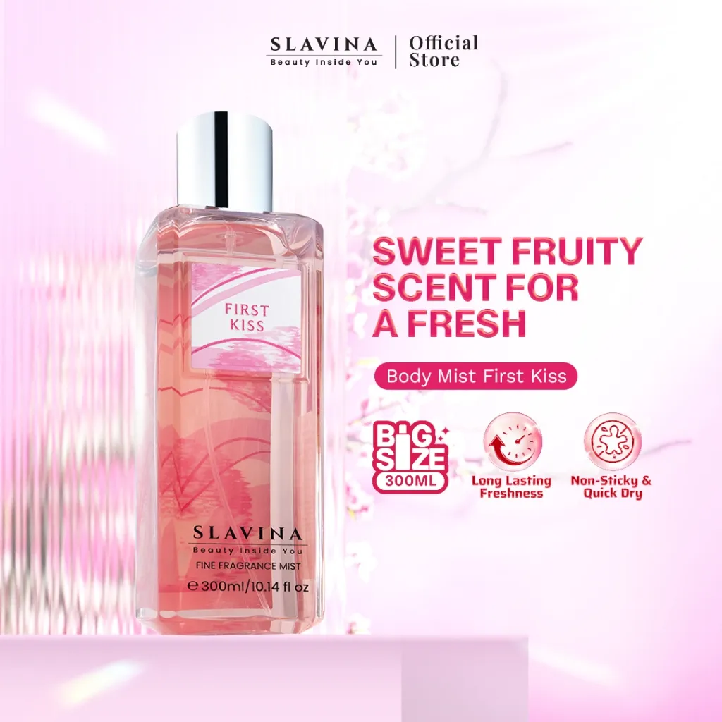 SLAVINA Body Mist First Kiss by Nagita Slavina – Parfum Wanita Tahan Lama & Wangi, Sweet Fresh Powdery Floral Vanilla Musk, Minyak Wangi Perfume Long Lasting Body Spray Parfum Fresh Murah Elegan