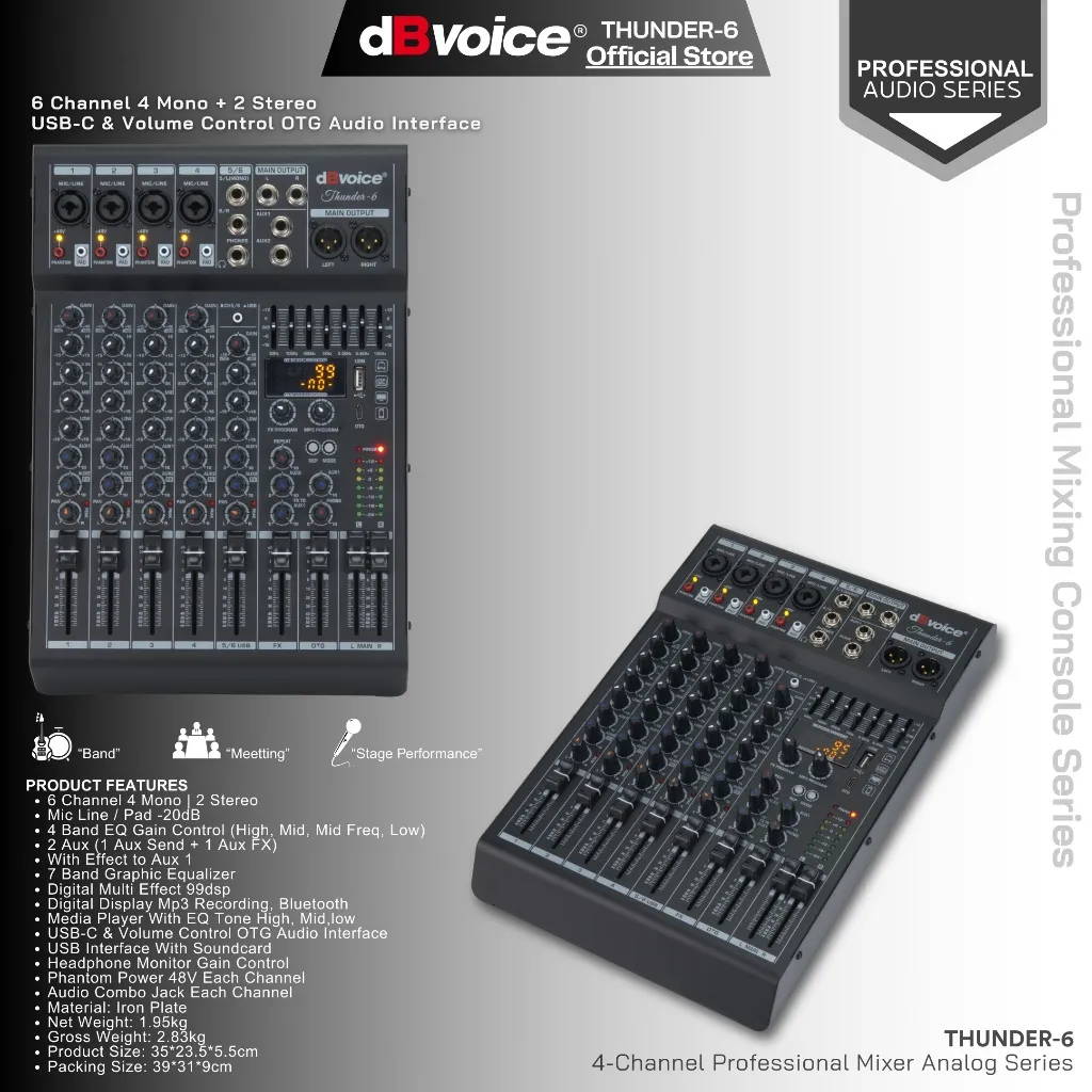 Mixer 6Ch dengan Dual Audio Interface USB-A dan USB-C dBvoice THUNDER-6
