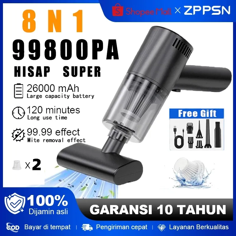 ZPPSN Vacuum Cleaner 8 IN 1 Nirkabel Penghisap Debu & Tungau Mini Portable Penyedot Debu Mobil & Rumah 998000Pa Sedot Kuat Daya tahan baterai yang lama