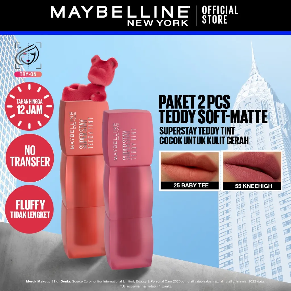 MAYBELLINE OFFICIAL Superstay Teddy Tint 2 pcs 5 mL - Teddy Soft Matte Tahan 12 Jam Lipstick Lipcream Liptint