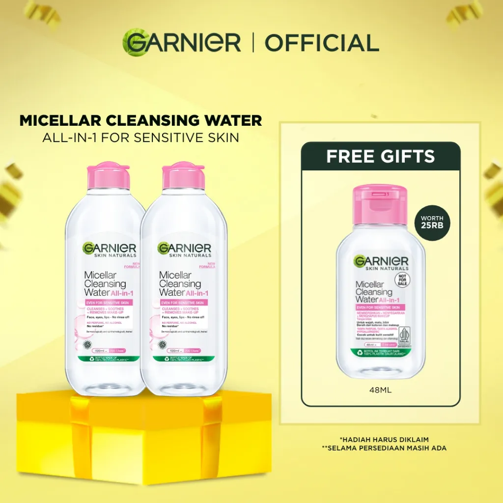 [PAKET HEMAT ISI 2] GARNIER Micellar Water Pink 400ml Skincare Cleansing - Pembersih Wajah & Make up untuk Kulit Sensitif Micellar Cleansing Water