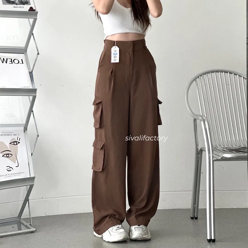 SIVALI Bonnie Cargo Pants - Highwaist Loose Cargo Petite - Celana Kargo Wanita - Baggy Pants | 821