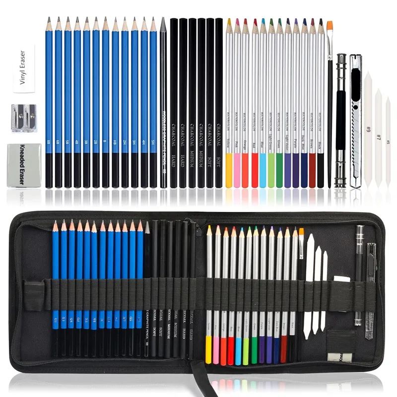 41PCS/Set Sketch Pensil Pisau Penghapus dan Pensil Gambar untuk Keperluan Sekolah Pencil Drawing Set