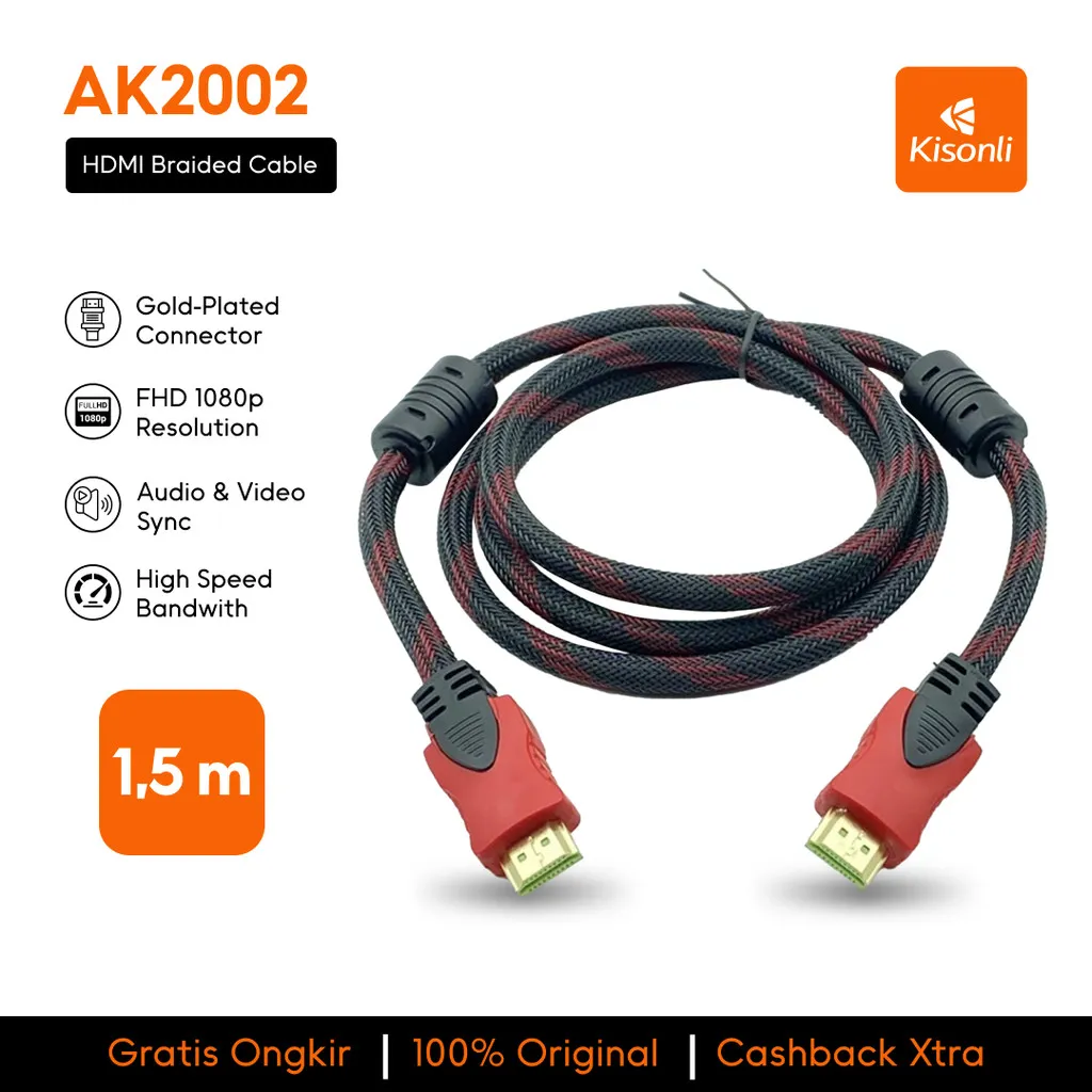 KISONLI Kabel HDMI to HDMI Jaring 1.5m High Speed Full HD Gold Plated High Quality AK2002
