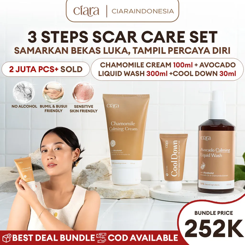 Ciara Cool Down Hydrating Calming Gel X Ciara Avocado Calming Liquid Wash X Chamomile Calming Cream | Membantu menyamarkan tampilan bekas luka pada kulit | Membantu menjaga kelembapan kulitt | Membantu mengurangi rasa tidak nyaman pada kulit