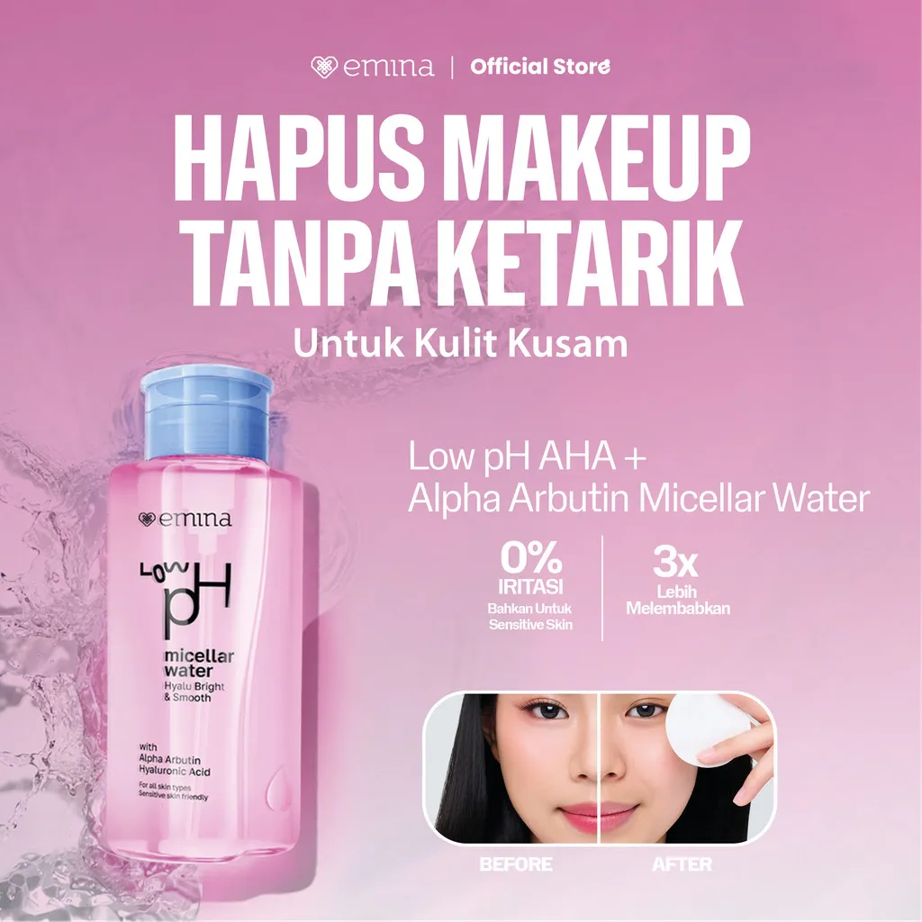 Emina Low pH Micellar Water Complete Series - Kering dan Kusam, Berminyak dan Berjerawat, Kulit Sensitif 125ml & 300ml | Pembersih Wajah Gentle Makeup Remover Double Cleansing Acne Skin Mencerahkan Menghaluskan Brightening Glowing